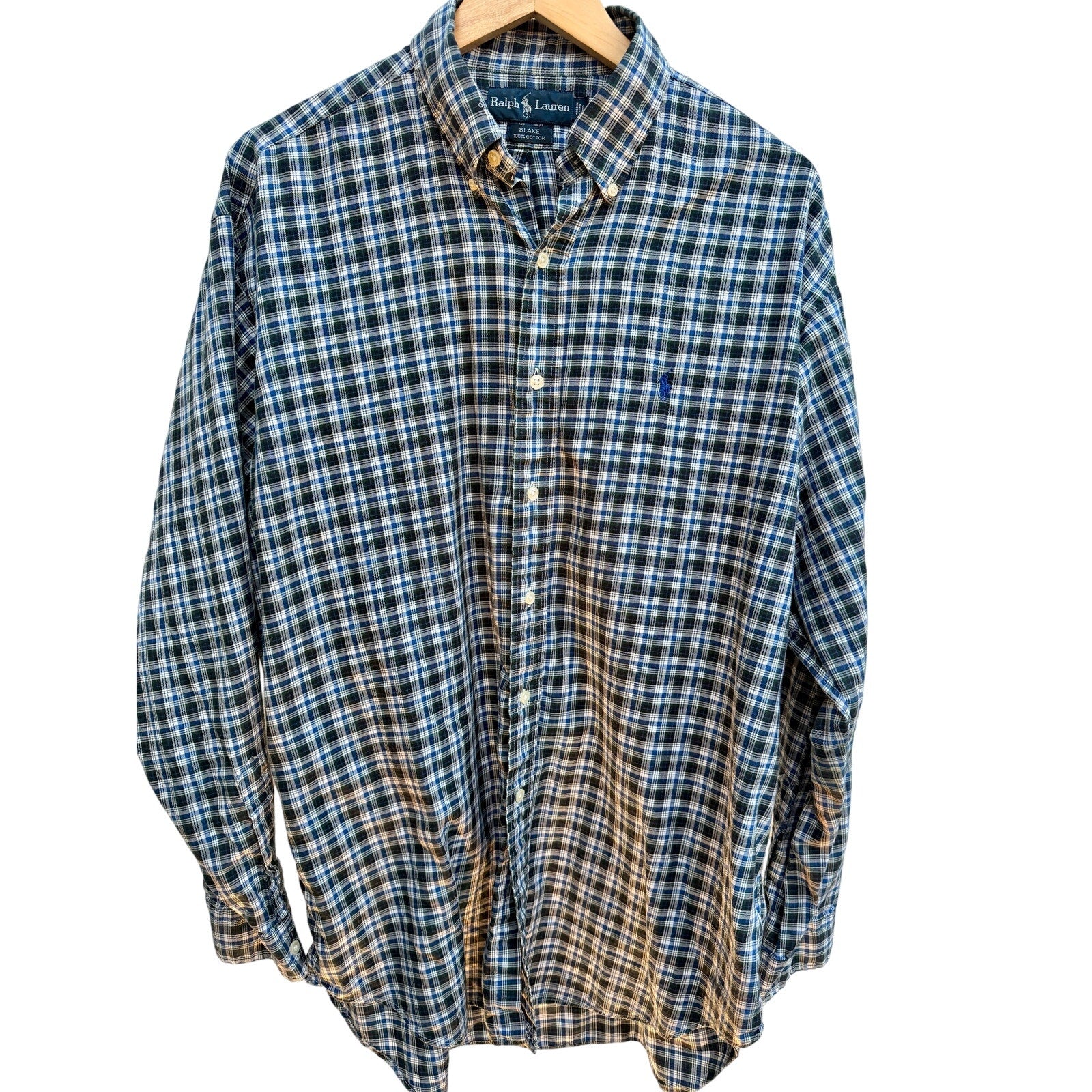 Ralph Lauren Blake Shirt Mens L Blue Green Plaid Button Down Classic Fit Cotton