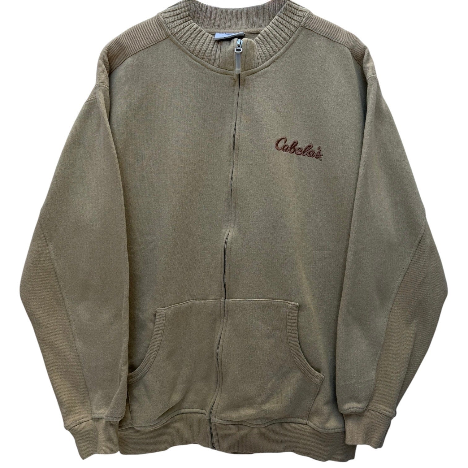 Cabelas Sweatshirt Mens XL Beige Full Zip Embroidered Logo