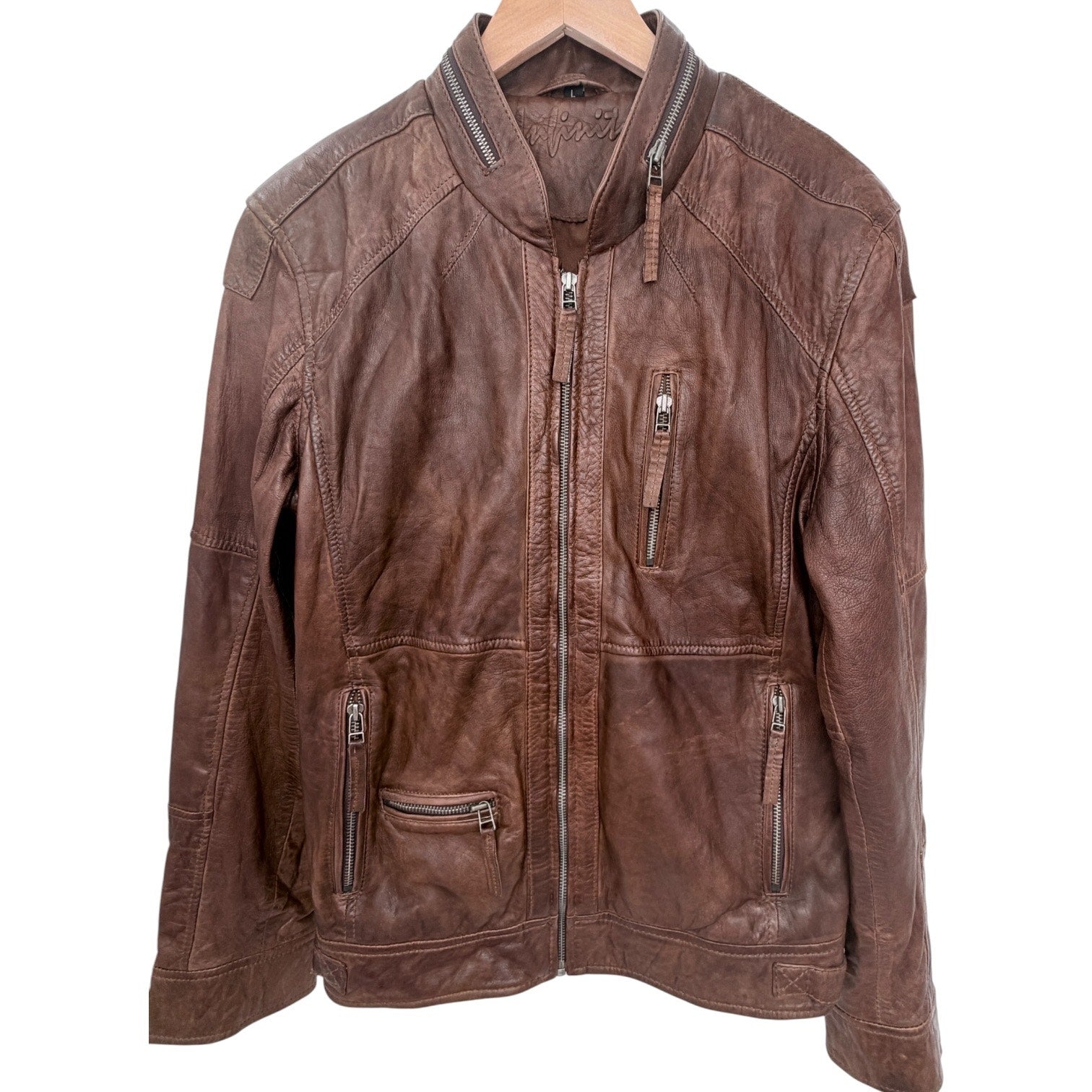 Gipsy Real Leather Jacket Mens Large Brown Cafe Racer Moto Zip Up
