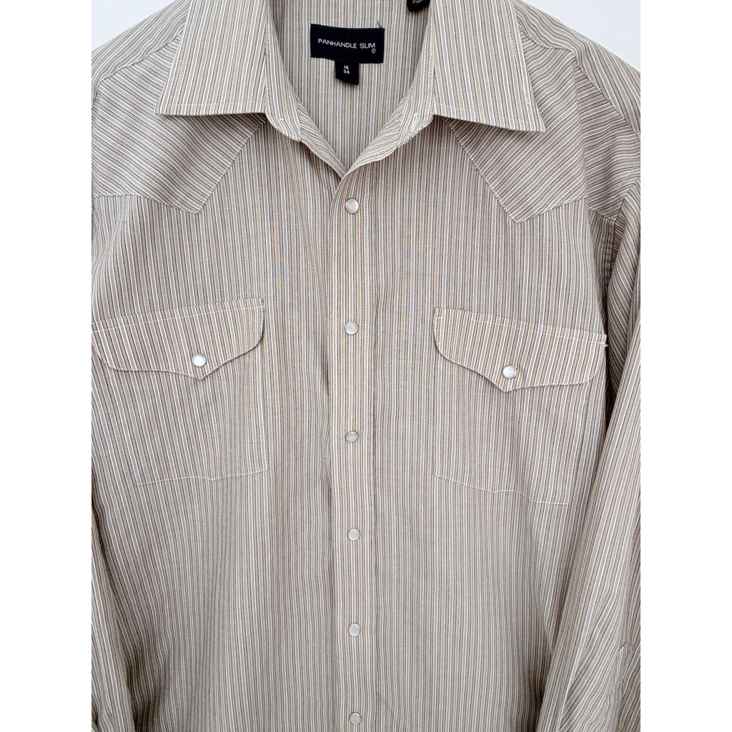 Panhandle Slim Western Shirt Mens 16 34 Beige Striped Snap Button Cowboy Shirt