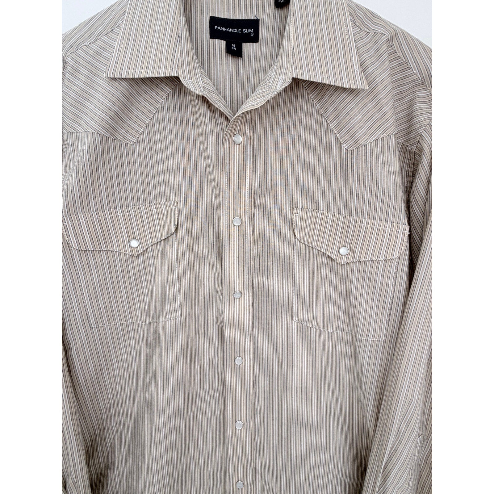 Panhandle Slim Western Shirt Mens 16 34 Beige Striped Snap Button Cowboy Shirt