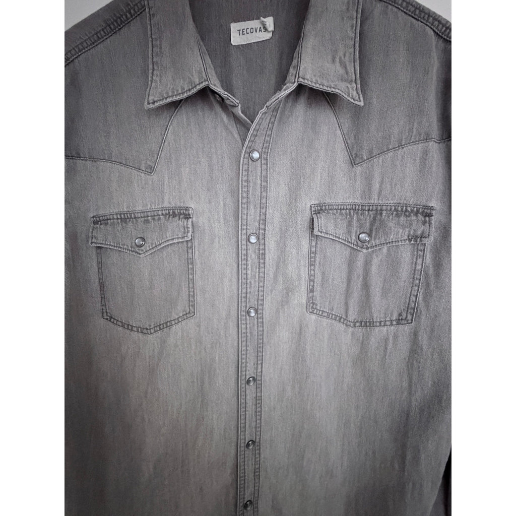 Tecovas Western Pearl Snap Shirt Mens XL Gray Chambray Cowboy Button Up