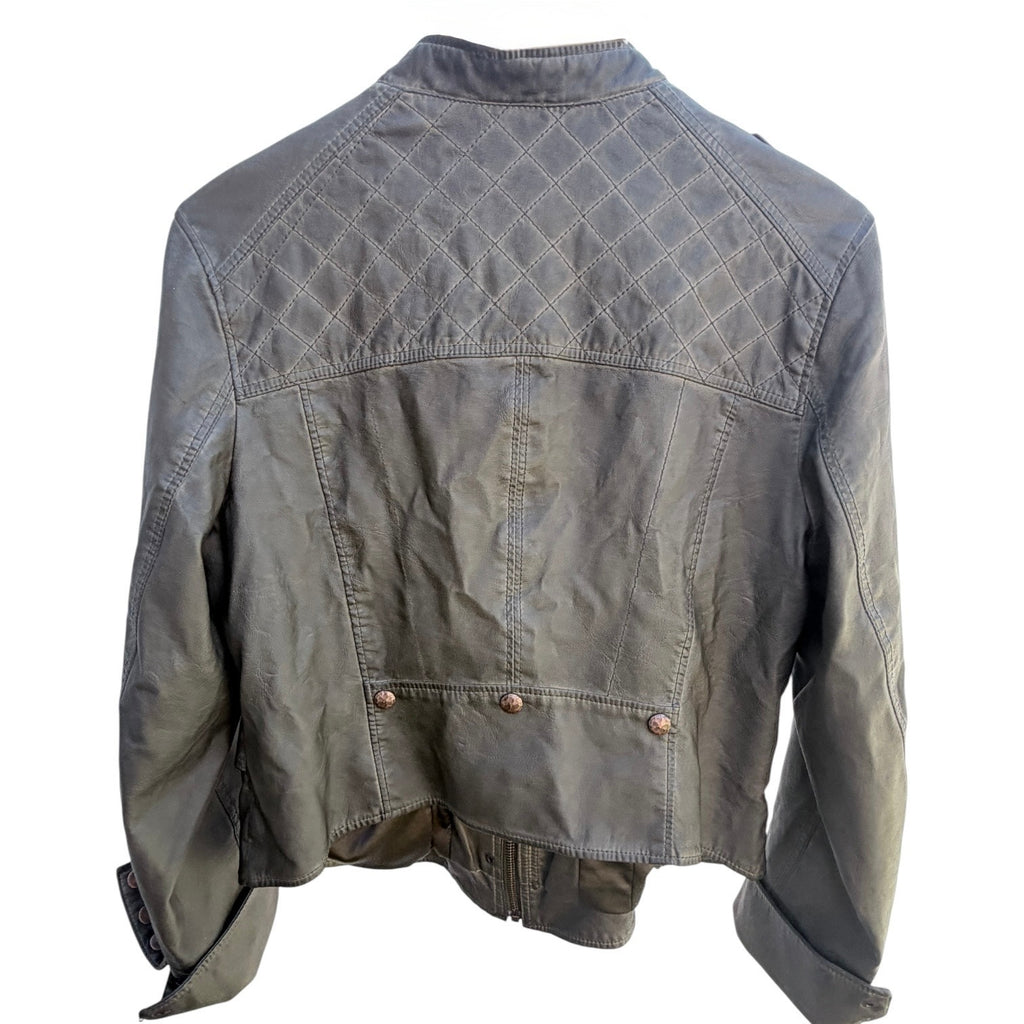 Hei Hei Womens Faux Leather Moto Jacket Olive Green Snap Front