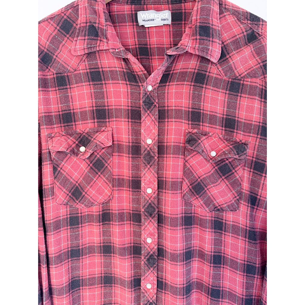 Wrangler Rancher Flannel Shirt Mens XXL Red Black Plaid Pearl Snap Western