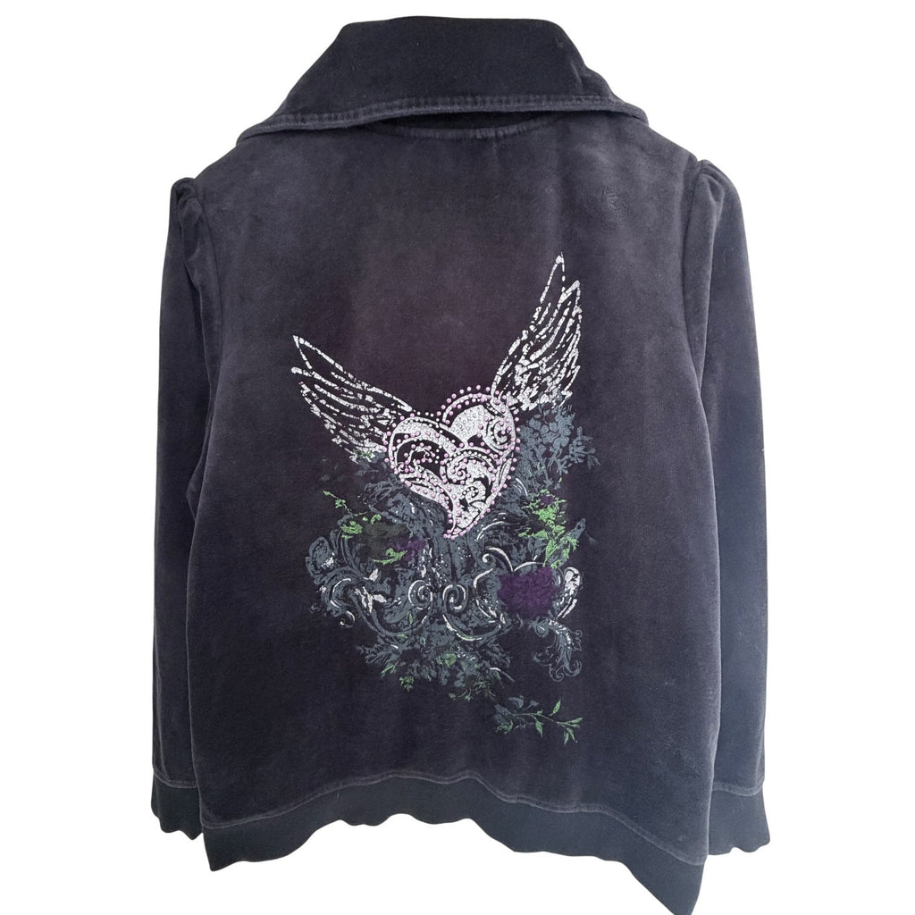 French Laundry Womens 14 16 Black Velour Zip Jacket Embellished Heart Graphic