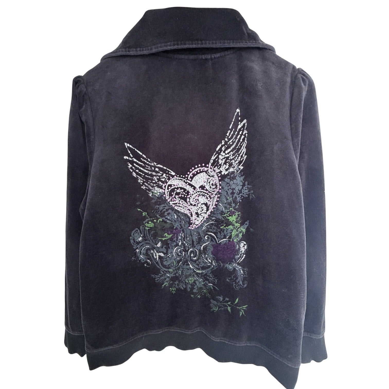 French Laundry Womens 14 16 Black Velour Zip Jacket Embellished Heart Graphic