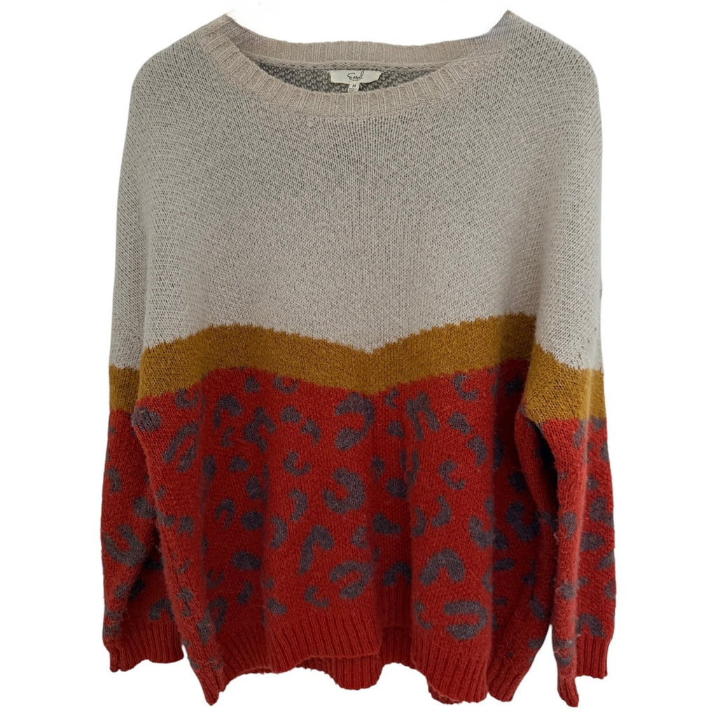 Easel Leopard Colorblock Sweater Womens Medium Red Cream Knit Pullover