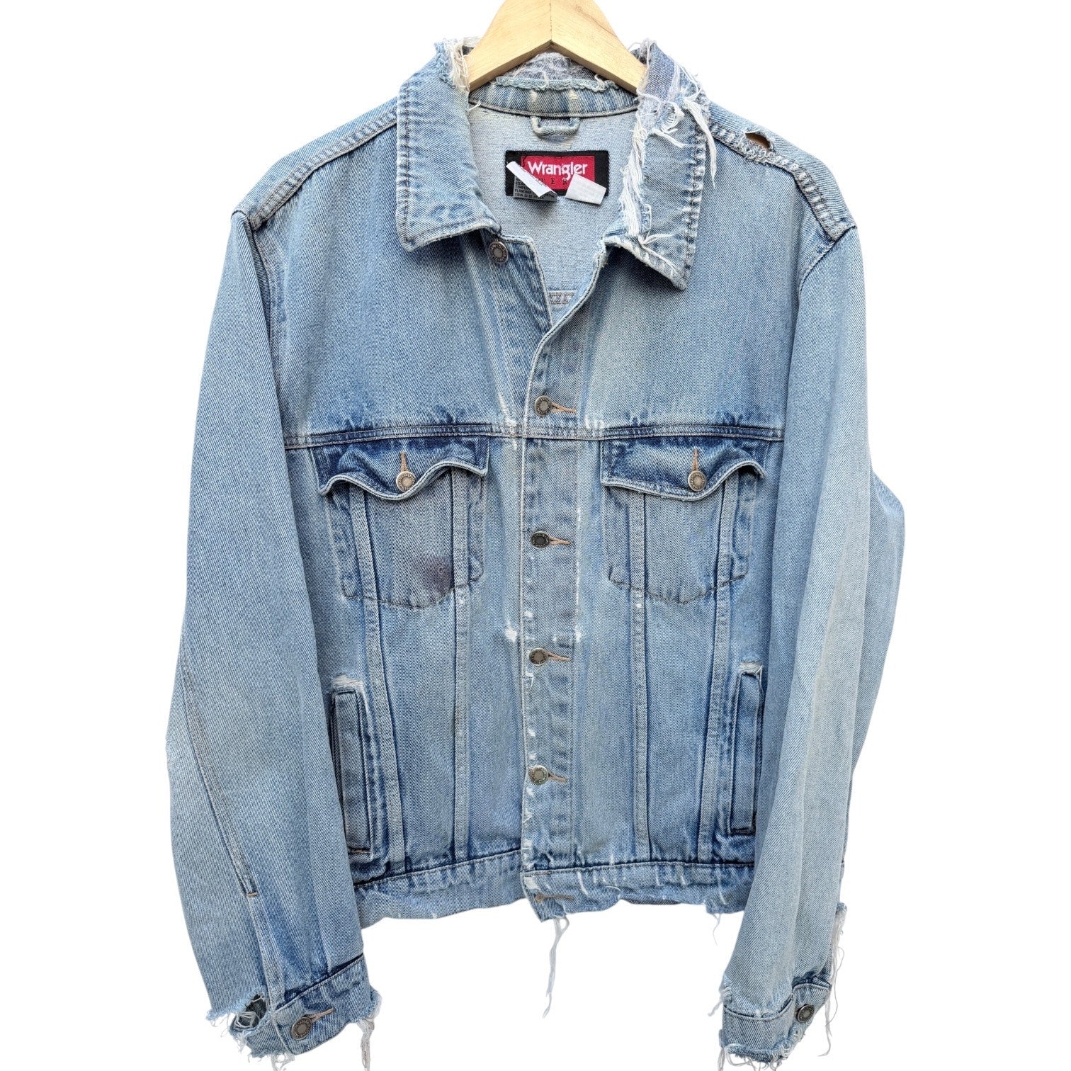 Wrangler Denim Jacket Mens Large Distressed Trucker Light Wash Western Grunge