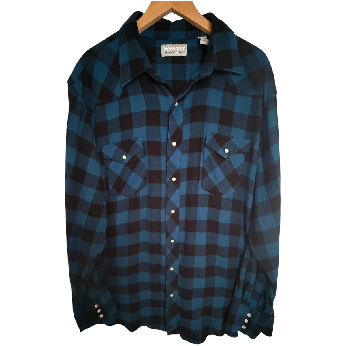 Wrangler Blue Black Wrancher Plaid Pearl Snap Western Shirt - Men's