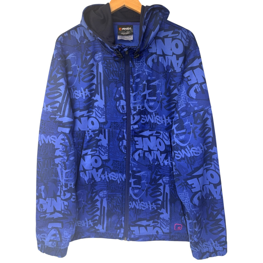 AND1 Zip Up Hoodie Jacket Mens Medium Blue Black Graphic Print Streetwear