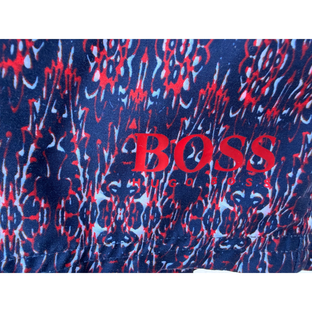 HUGO BOSS Blue Swimwear Hugo Boss Navy Red Patterned Swim Trunks Medium