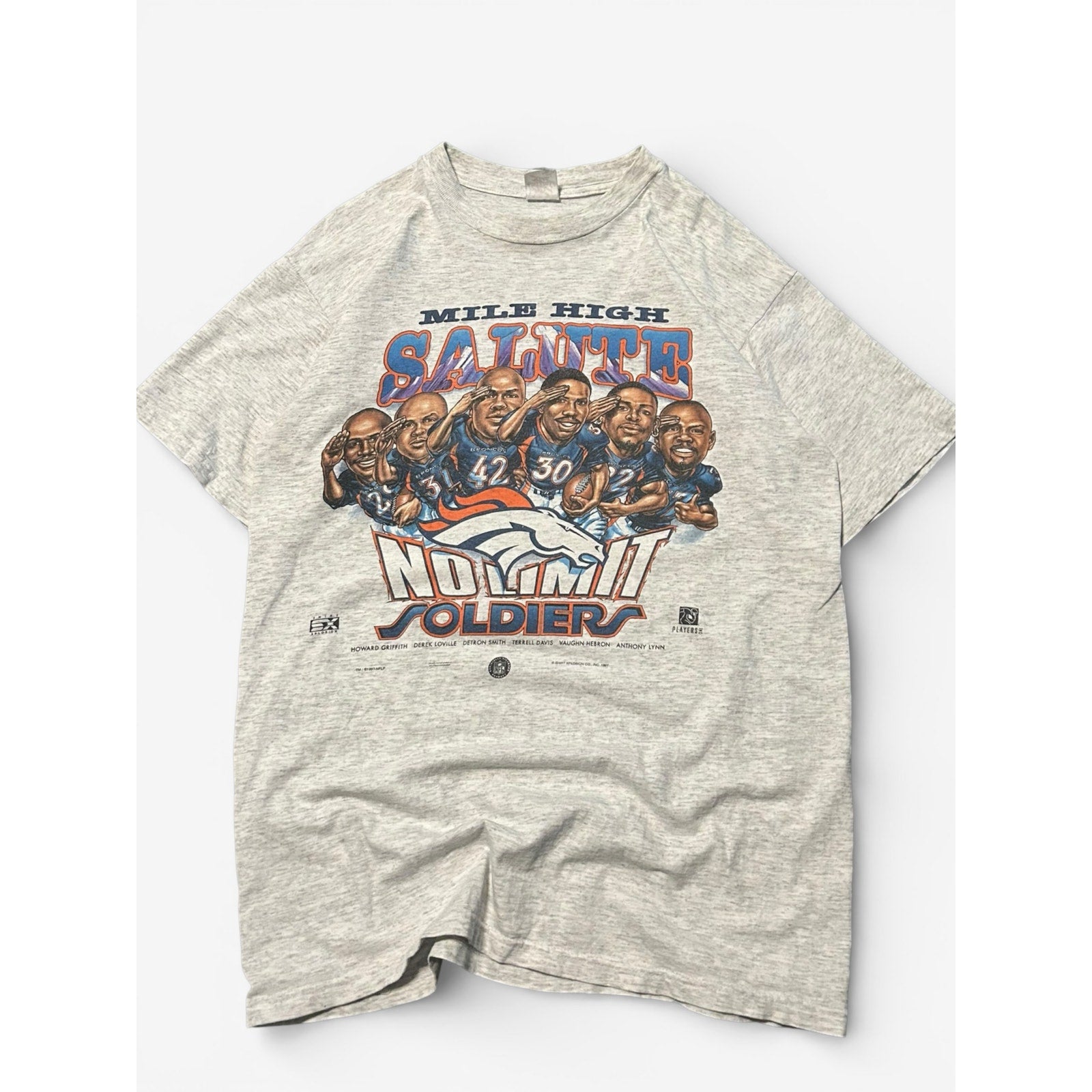Vintage Denver Broncos Mile High Salute No Limit Soldiers T-Shirt L Gray 1997