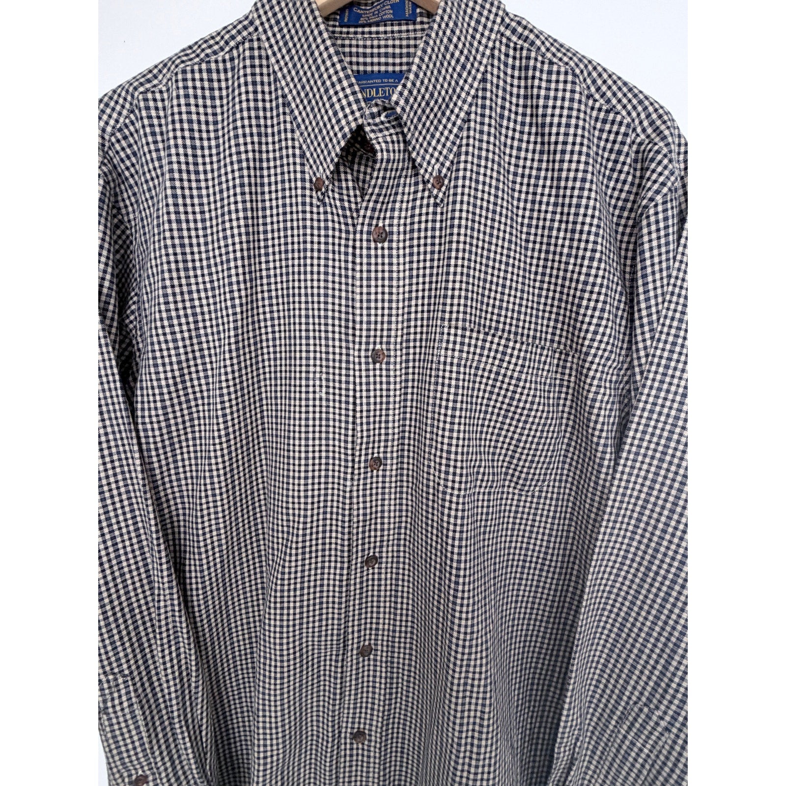 Pendleton Canterbury Cloth Button Down Shirt Mens L Blue White Check Wool Cotton