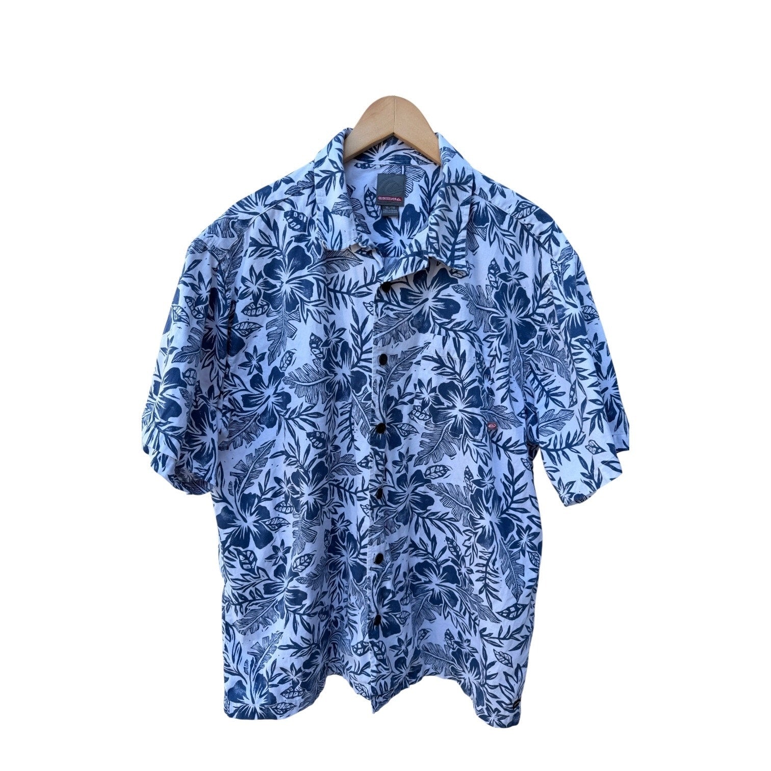 Quiksilver Hawaiian Shirt Mens XL Blue Floral Surf Beach Button Up Short Sleeve