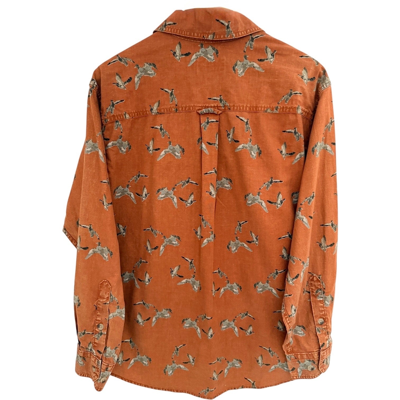 Woolrich Duck Print Shirt Mens M Orange Hunting Button Up Long Sleeve