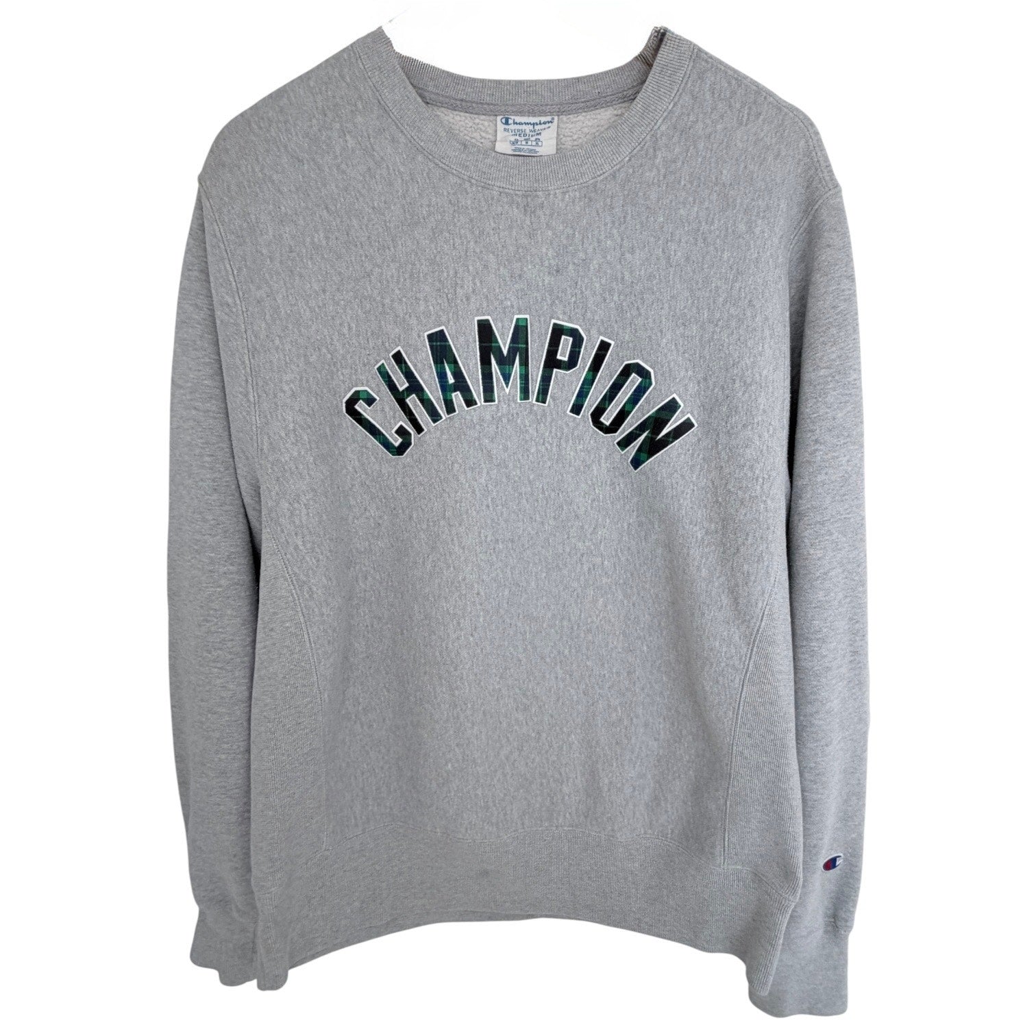 Champion Reverse Weave Crewneck Sweatshirt Mens Medium Gray Plaid Logo