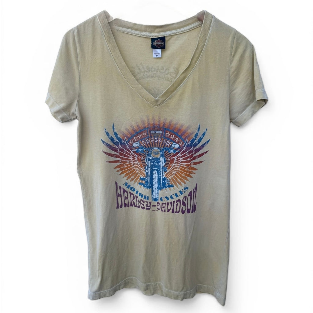 Harley Davidson Yellow Freedom Cycles V-Neck T Shirt Womens Medium Nashville TN