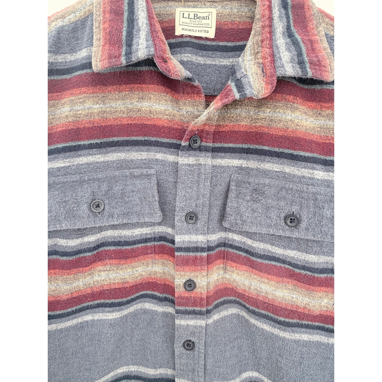 L.L.Bean Flannel Shirt Mens Medium Gray Red Striped Slightly Fitted