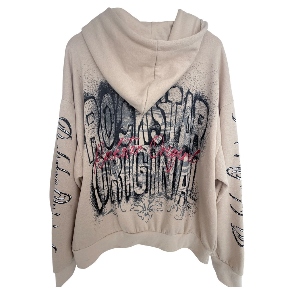 Rockstar Original Hoodie Mens XL Beige Graphic Streetwear Pullover Crown Logo
