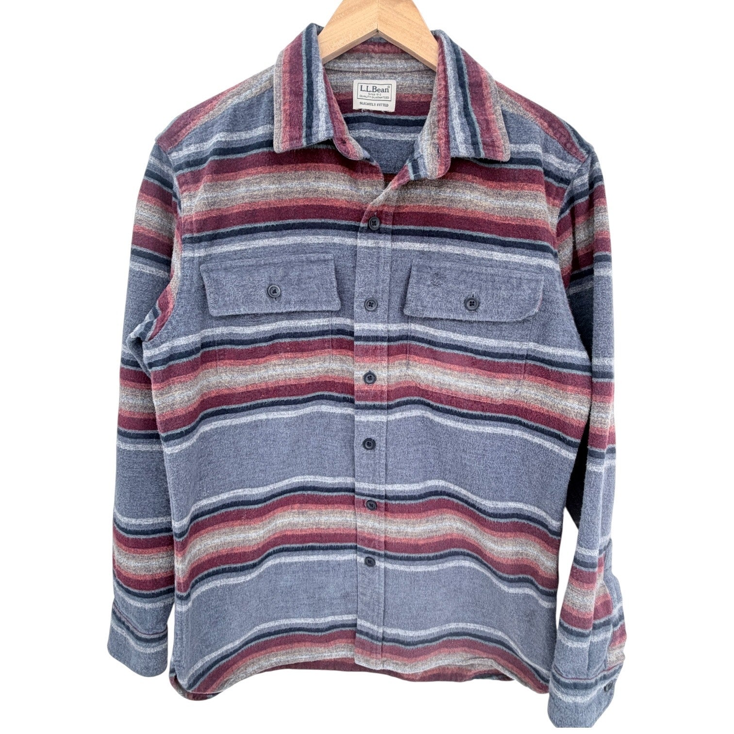 L.L.Bean Flannel Shirt Mens Medium Gray Red Striped Slightly Fitted