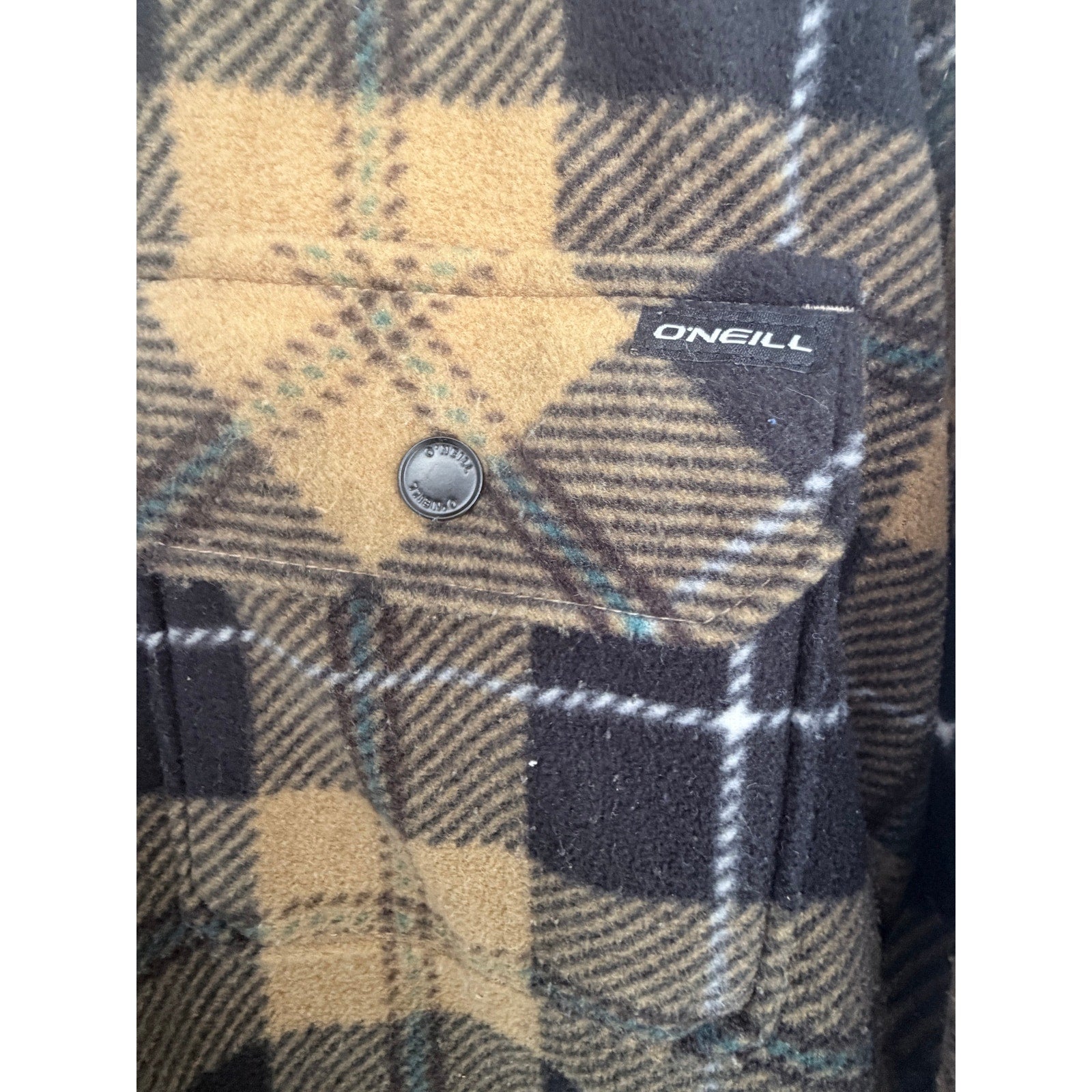 O'Neill Mens XL Brown Black Plaid Fleece Flannel Snap Front Shirt Jacket