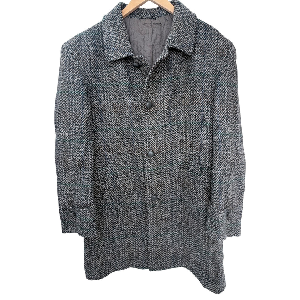 Prendina Kynoch Keith Scotland Wool Coat Mens Large Gray Herringbone Plaid