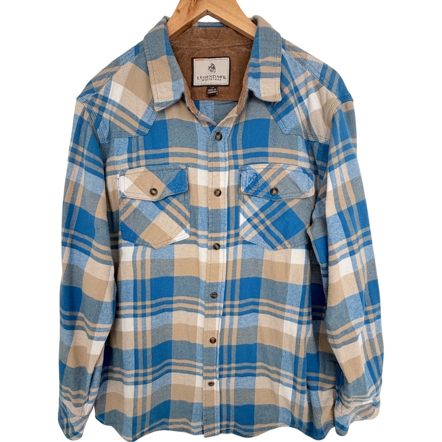 Legendary Whitetails Mens Large Blue Tan Plaid Flannel Snap Front Shirt