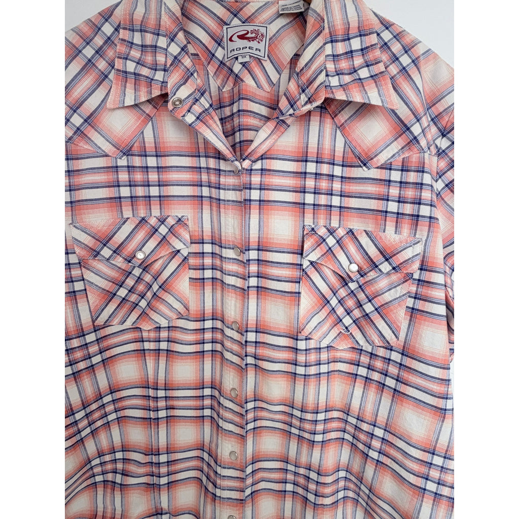 Roper Western Snap Shirt Womens 2X Pink Plaid Short Sleeve Pearl Snap Cowboy