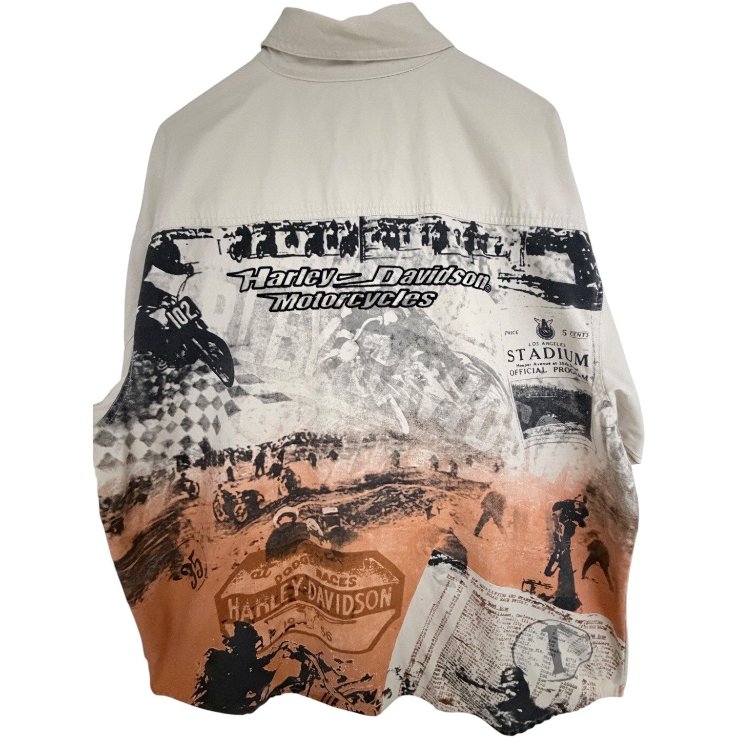 Harley Davidson Mens 2XL Button Front Shirt Beige Graphic Back Cotton Motorcycle