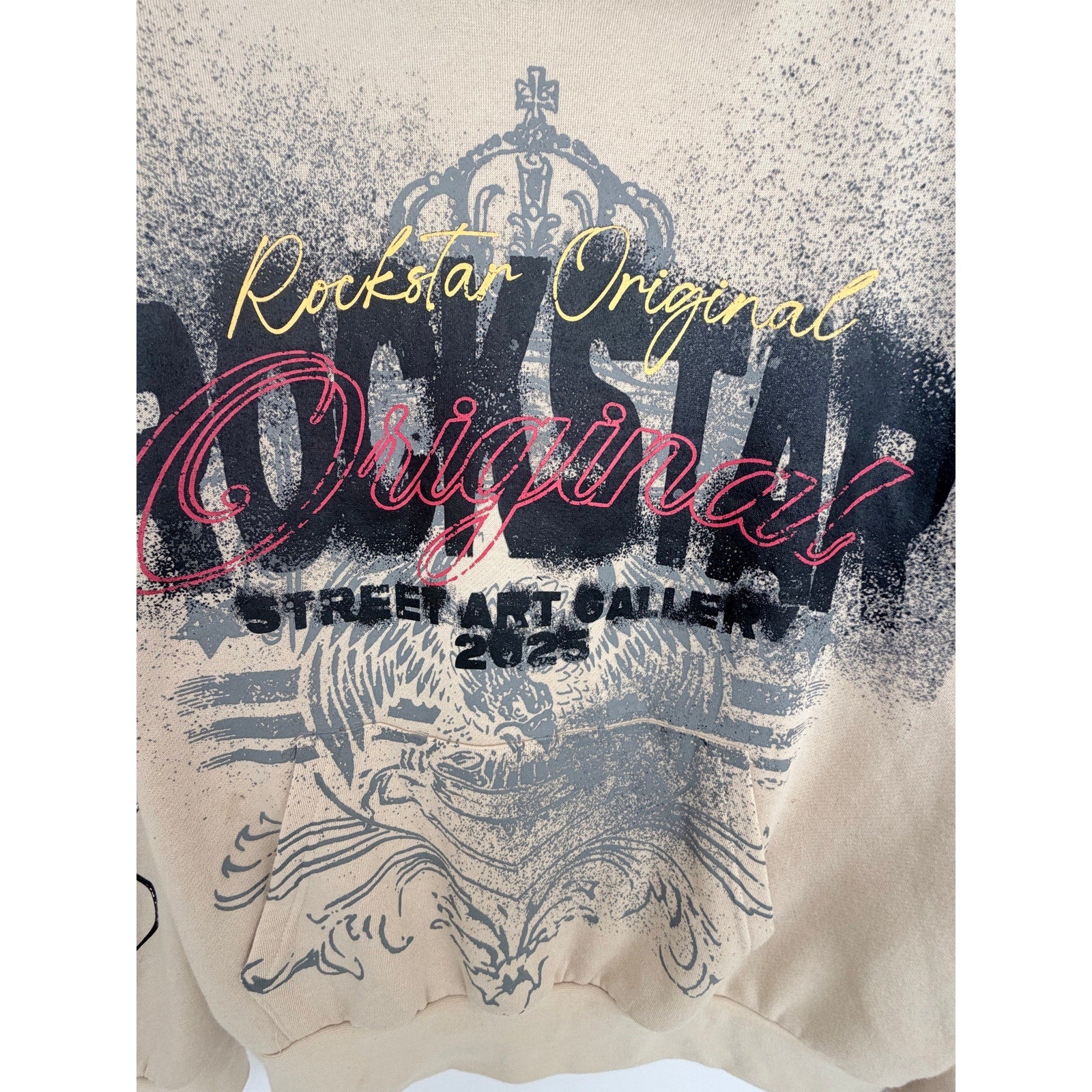 Rockstar Original Hoodie Mens XL Beige Graphic Streetwear Pullover Crown Logo