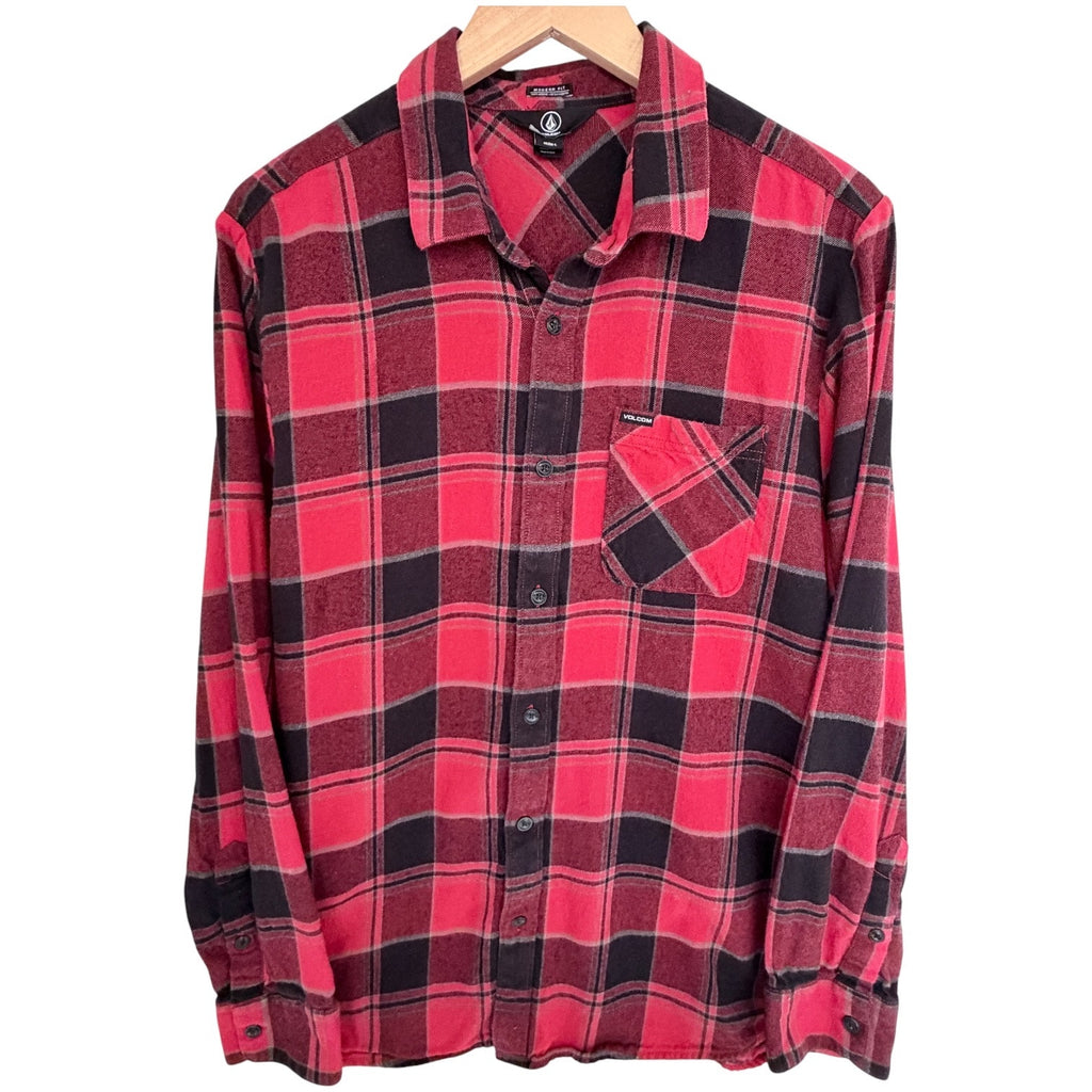 Volcom Plaid Flannel Shirt Mens Large Red Black Modern Fit Button Up