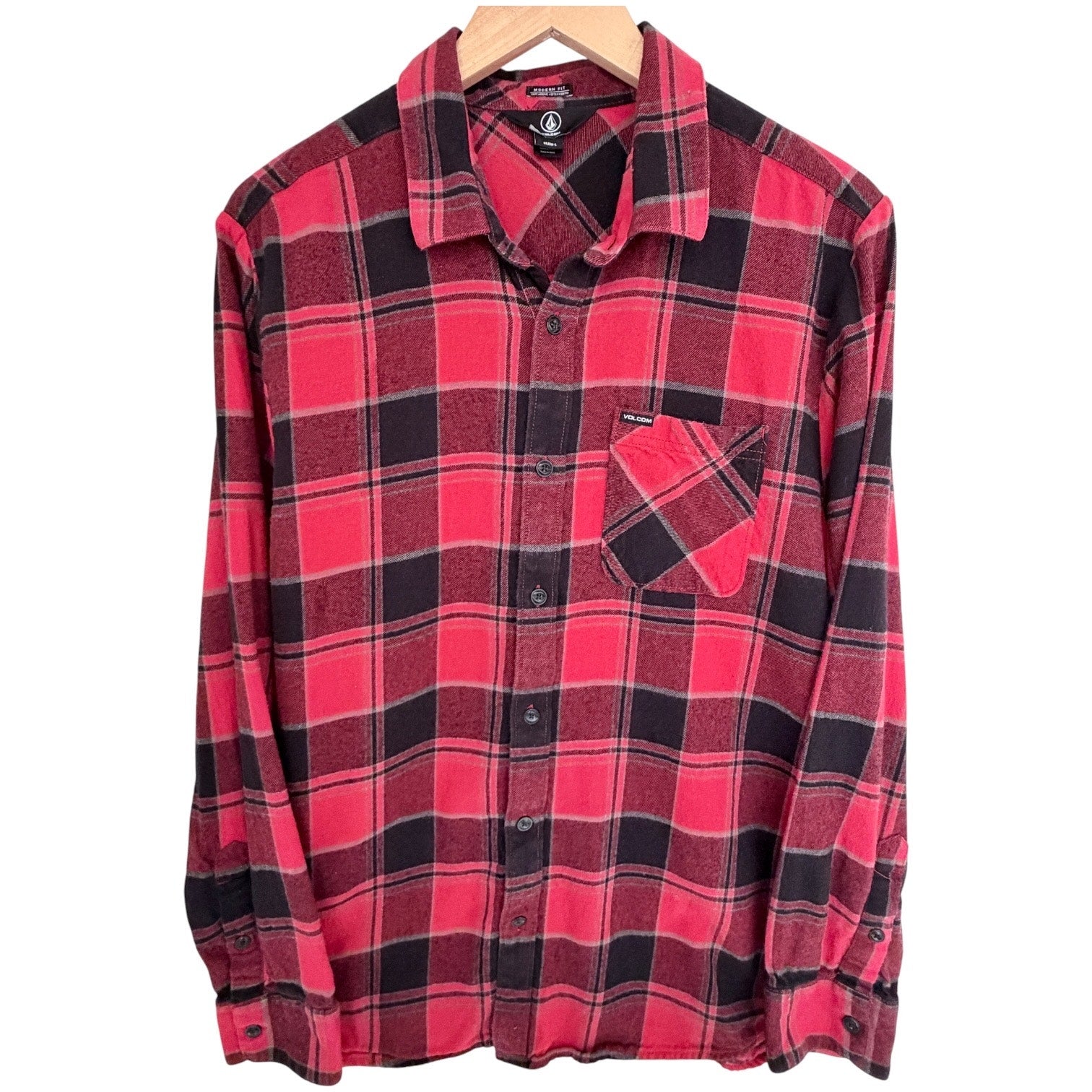 Volcom Plaid Flannel Shirt Mens Large Red Black Modern Fit Button Up