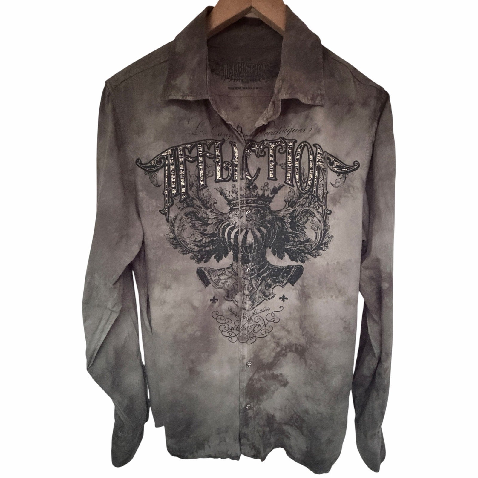 Affliction Mens Button Front Shirt Medium Gray Acid Wash Graphic Long Sleeve USA