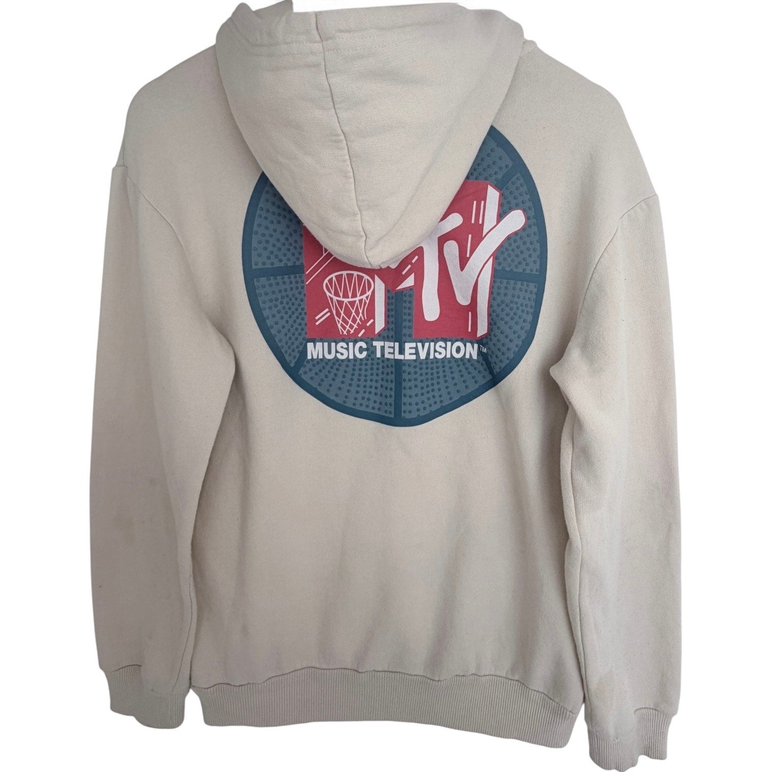 MTV MTV MTV Music Television Hoodie Mens Medium Cream Graphic Pullover Sweatshirt