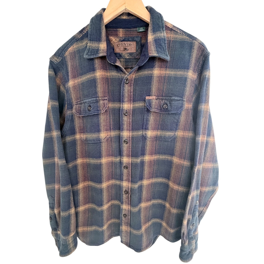 Orvis Plaid Flannel Button Front Shirt Jacket Mens Large Blue Brown