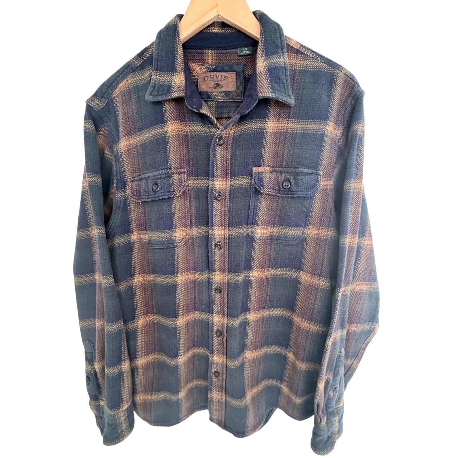 Orvis Plaid Flannel Button Front Shirt Jacket Mens Large Blue Brown