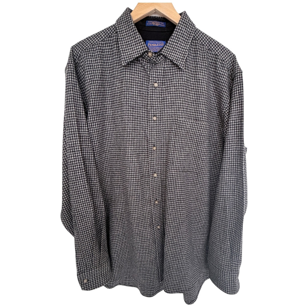 Pendleton Wool Button Front Shirt Mens Large Gray Black Check Long Sleeve