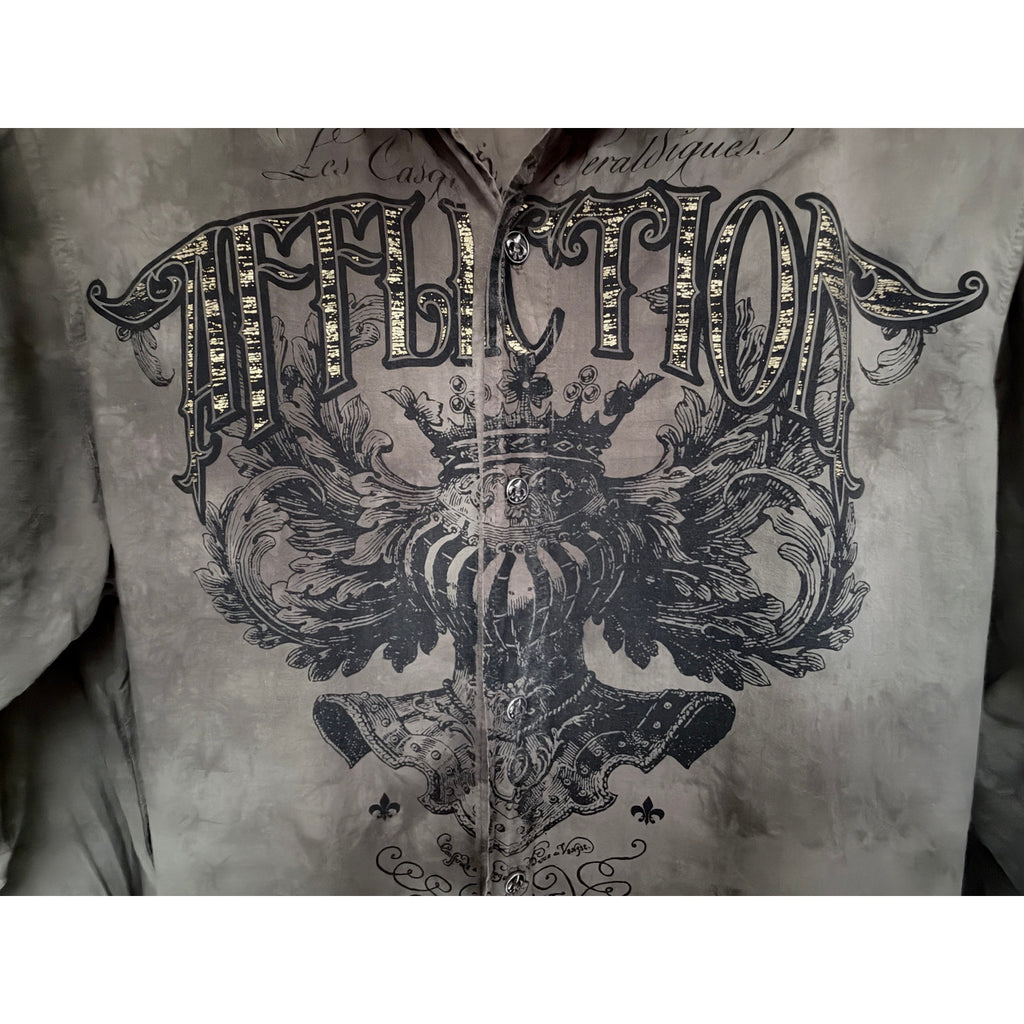 Affliction Mens Button Front Shirt Medium Gray Acid Wash Graphic Long Sleeve USA