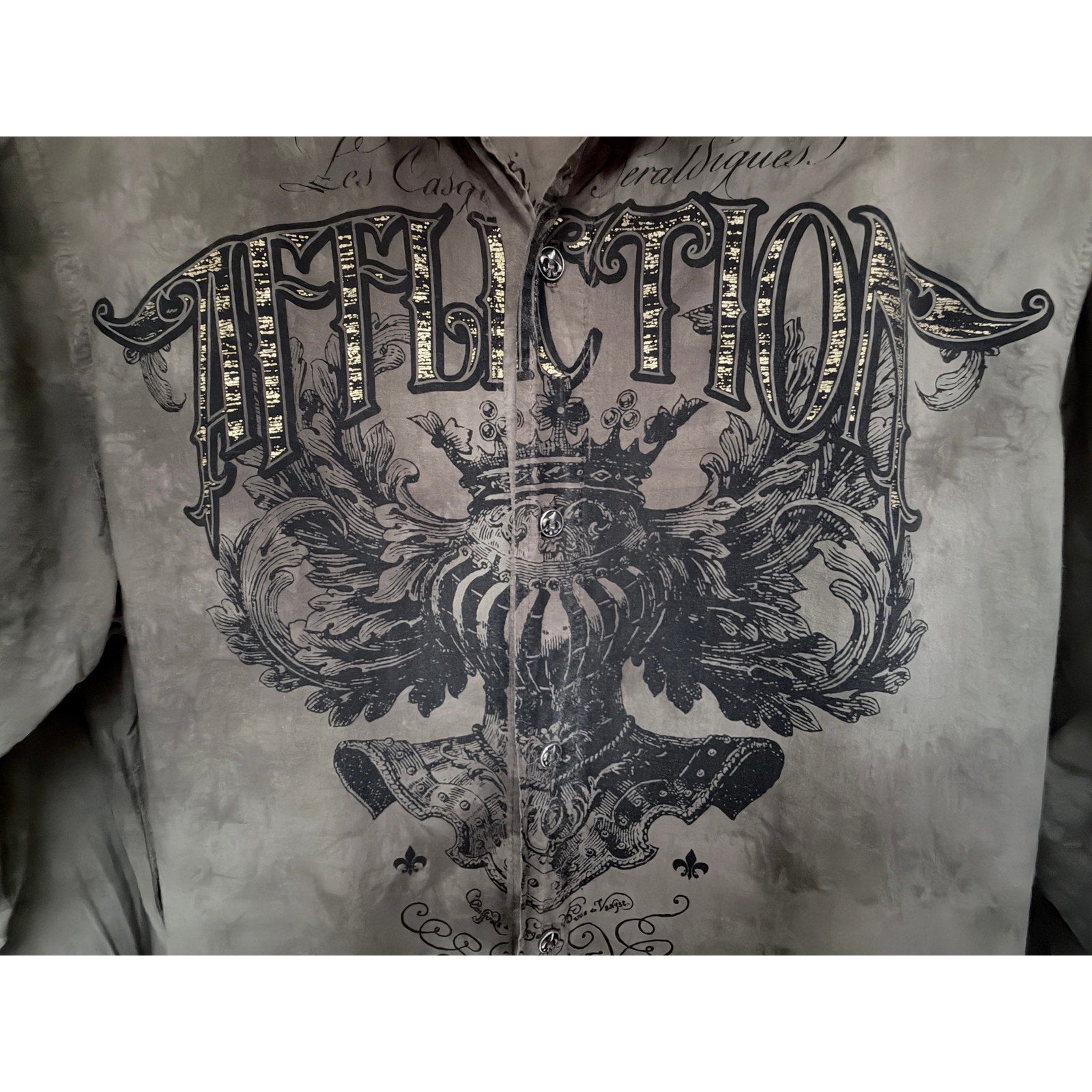 Affliction Mens Button Front Shirt Medium Gray Acid Wash Graphic Long Sleeve USA