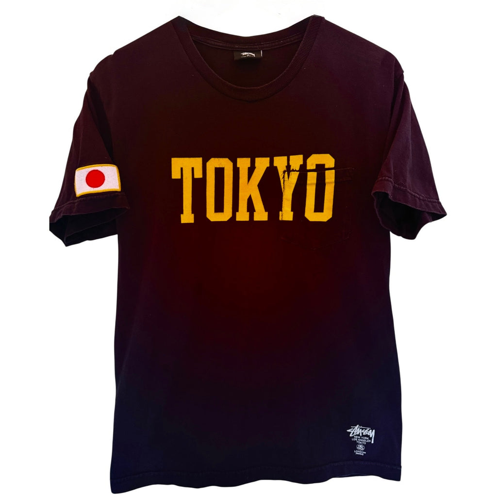 Stussy Tokyo T Shirt Mens Medium Black Yellow Graphic Pocket Tee Streetwear