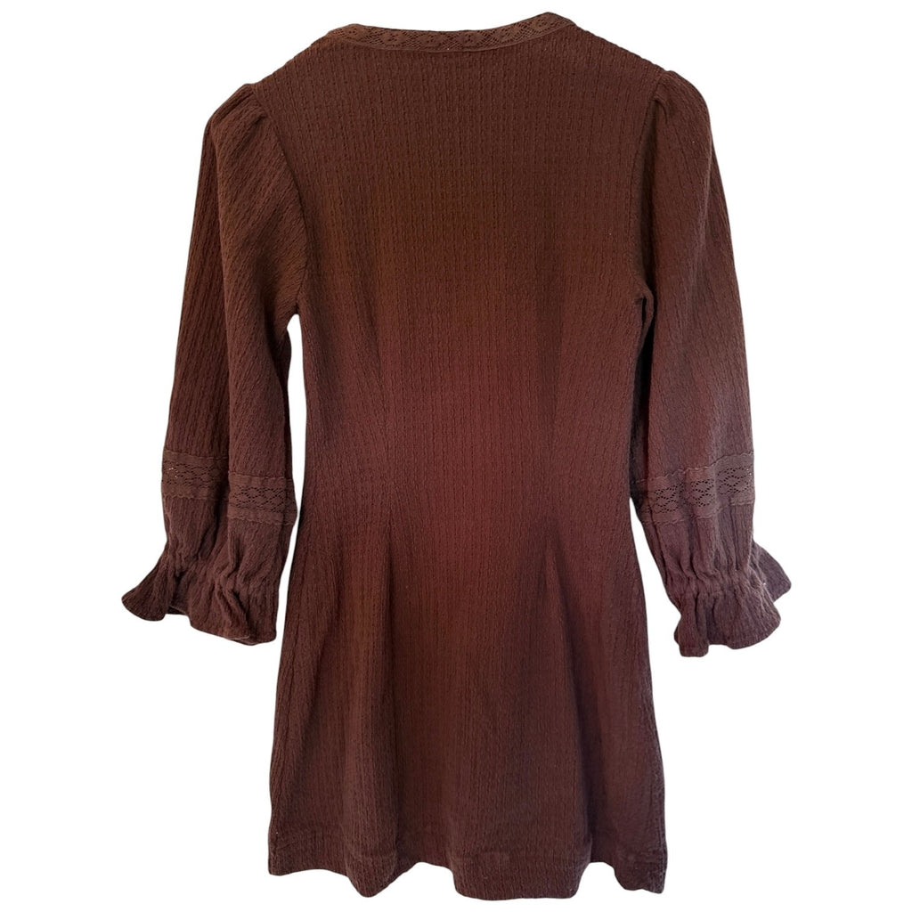 Free People Dress Womens Small Brown Button Front Long Sleeve Boho Mini