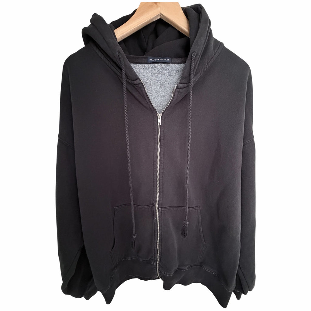 Brandy Melville Zip Up Hoodie Womens One Size Black Oversized Sweatshirt
