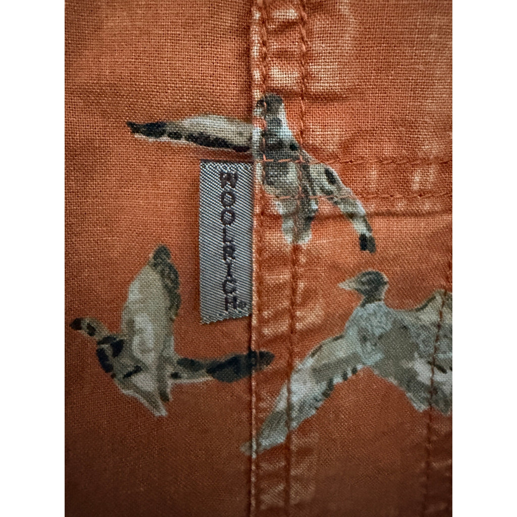 Woolrich Duck Print Shirt Mens M Orange Hunting Button Up Long Sleeve