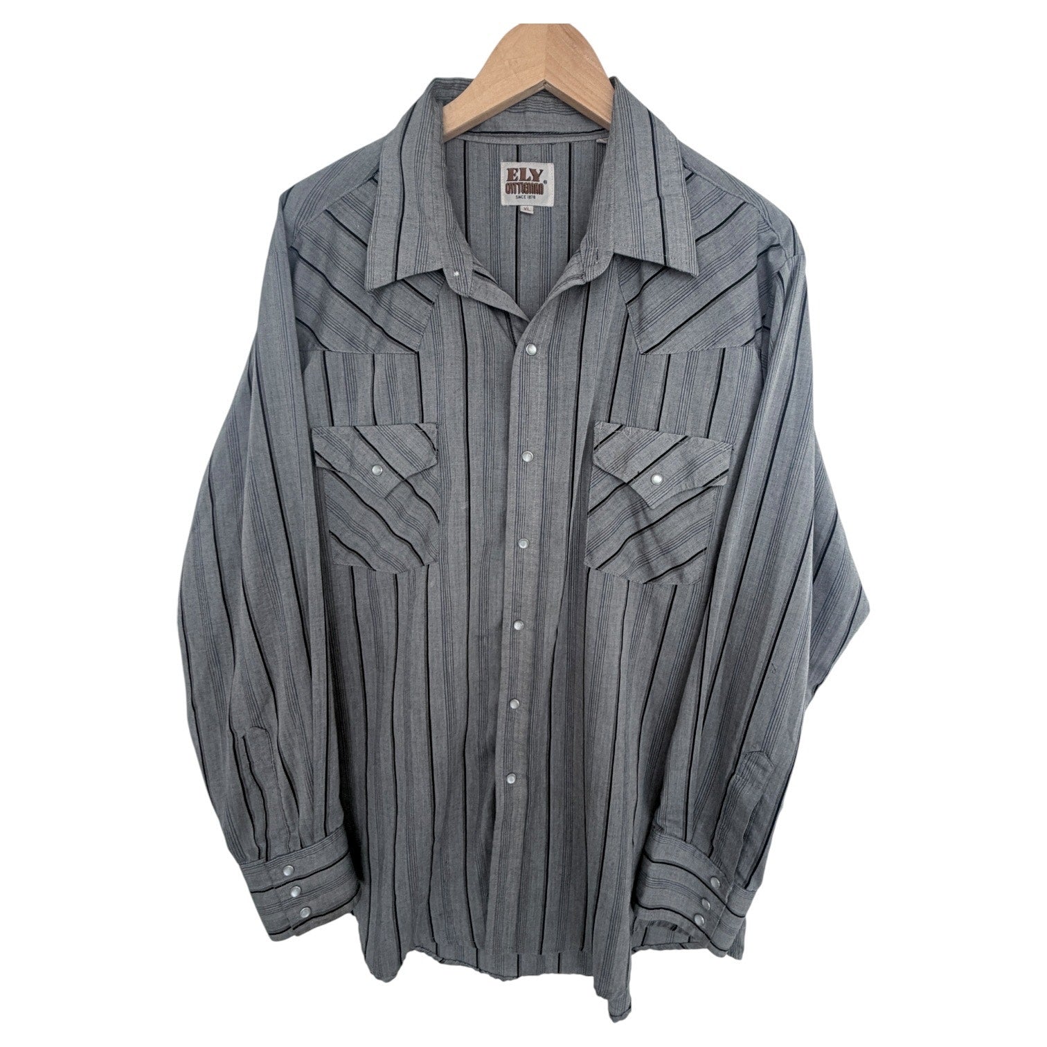 Ely Cattleman Western Shirt Mens XL Gray Stripe Pearl Snap Cowboy Ranch