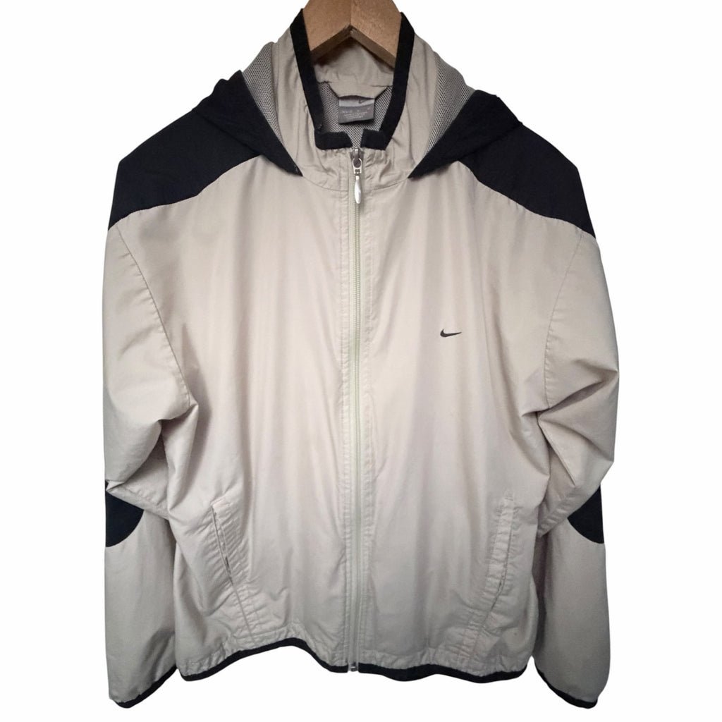 Nike Hooded Windbreaker Jacket Men's Medium Beige Black Full Zip Mesh Lined