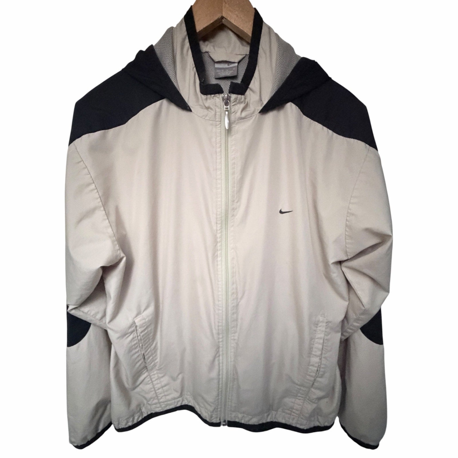 Nike Hooded Windbreaker Jacket Men's Medium Beige Black Full Zip Mesh Lined