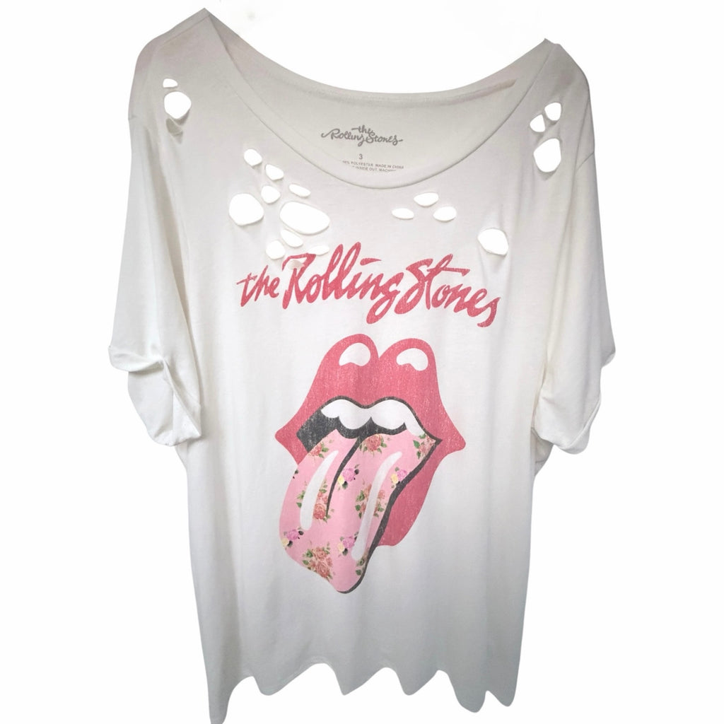 The Rolling Stones Floral Tongue Distressed Graphic T-Shirt Women's Size 3