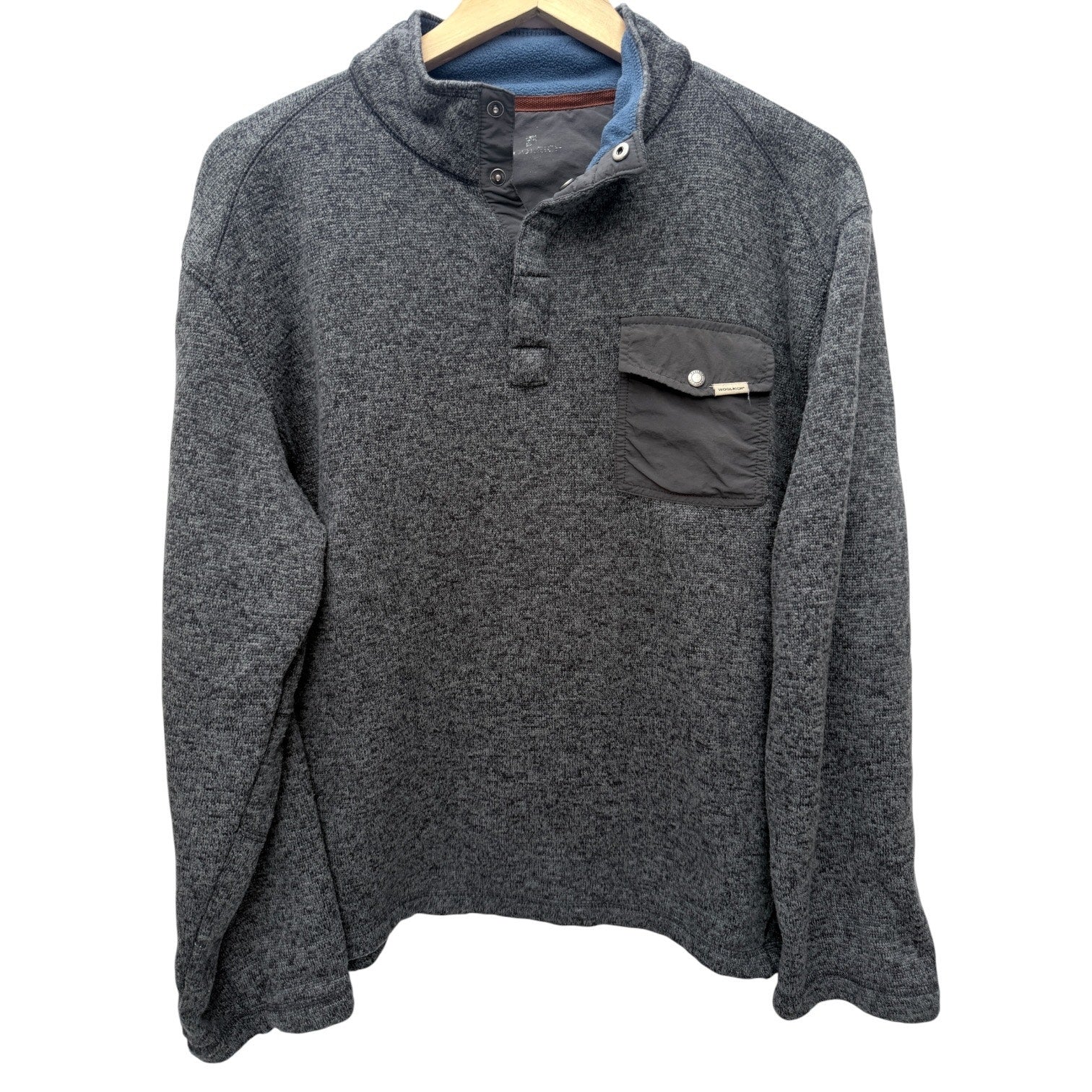 Woolrich Mens Pullover Fleece Sweater Gray Button Neck Pocket Adult Large