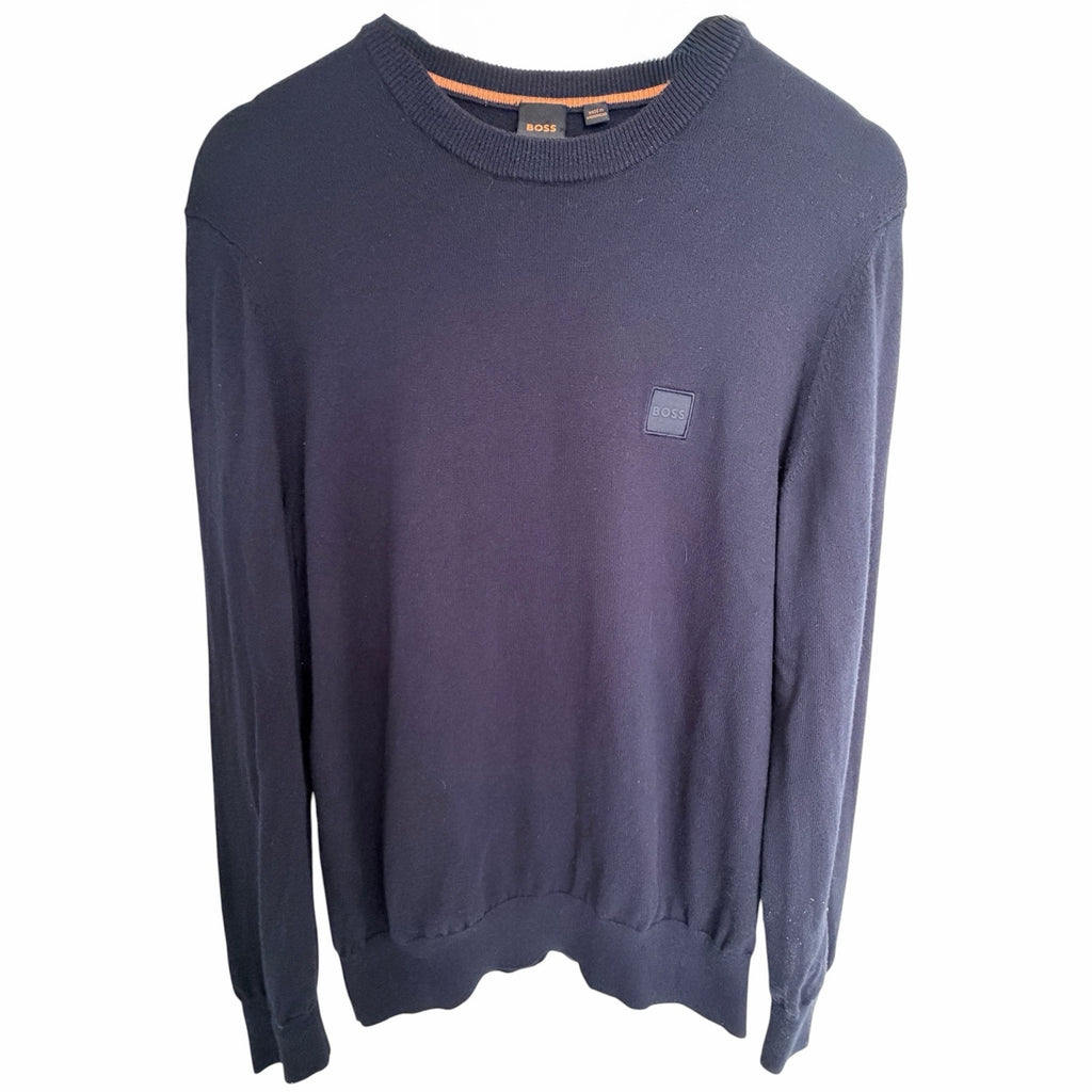 Hugo Boss Mens Medium Navy Crewneck Knit Sweater Logo Patch Pullover