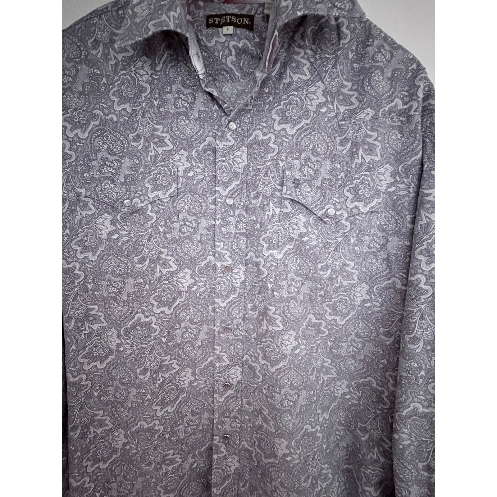 Stetson Western Paisley Snap Shirt Mens Large Gray Pearl Snap Cowboy Rodeo